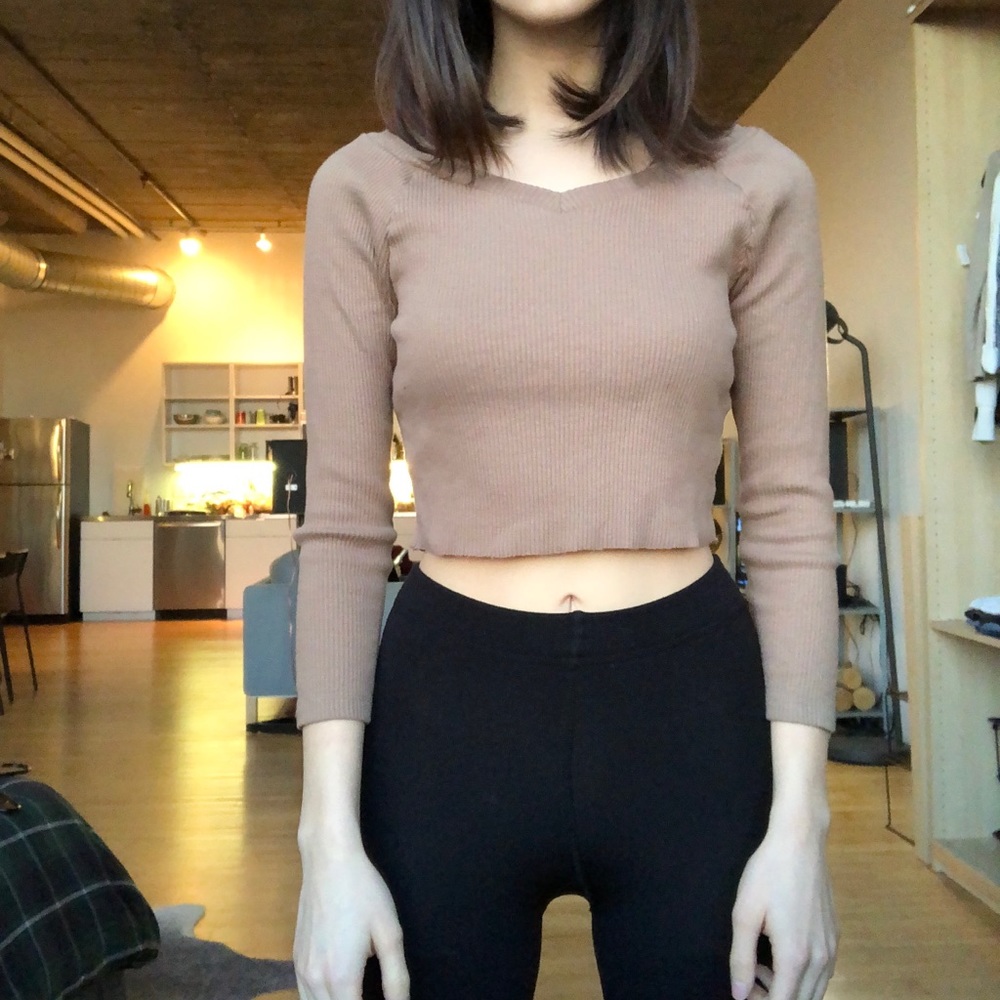 Uniqlo Beige/Brown Long Sleeved Crop Top